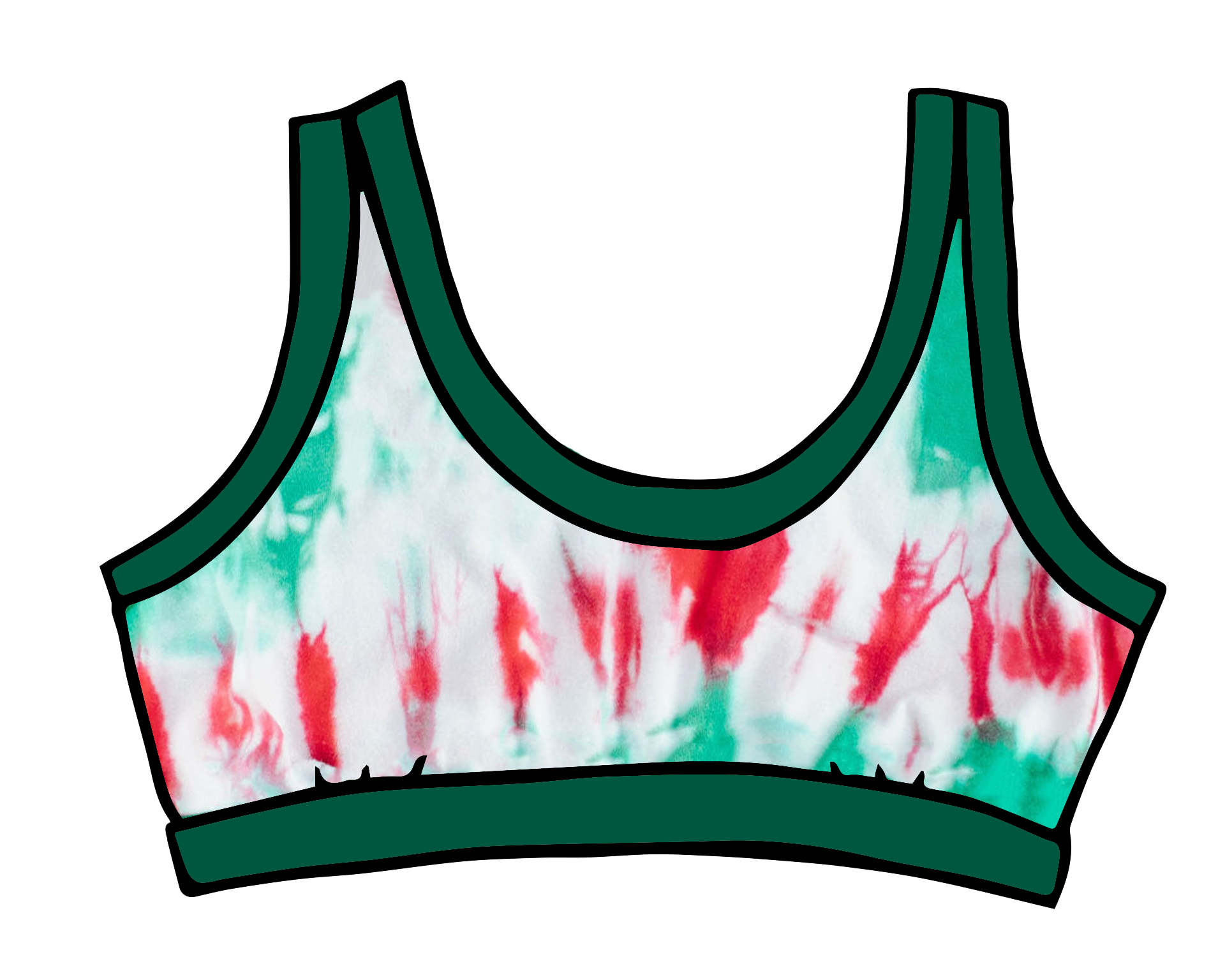 Drawing of Thunderpants Bralette in Holiday Dye - red and green tie dye with green binding. 