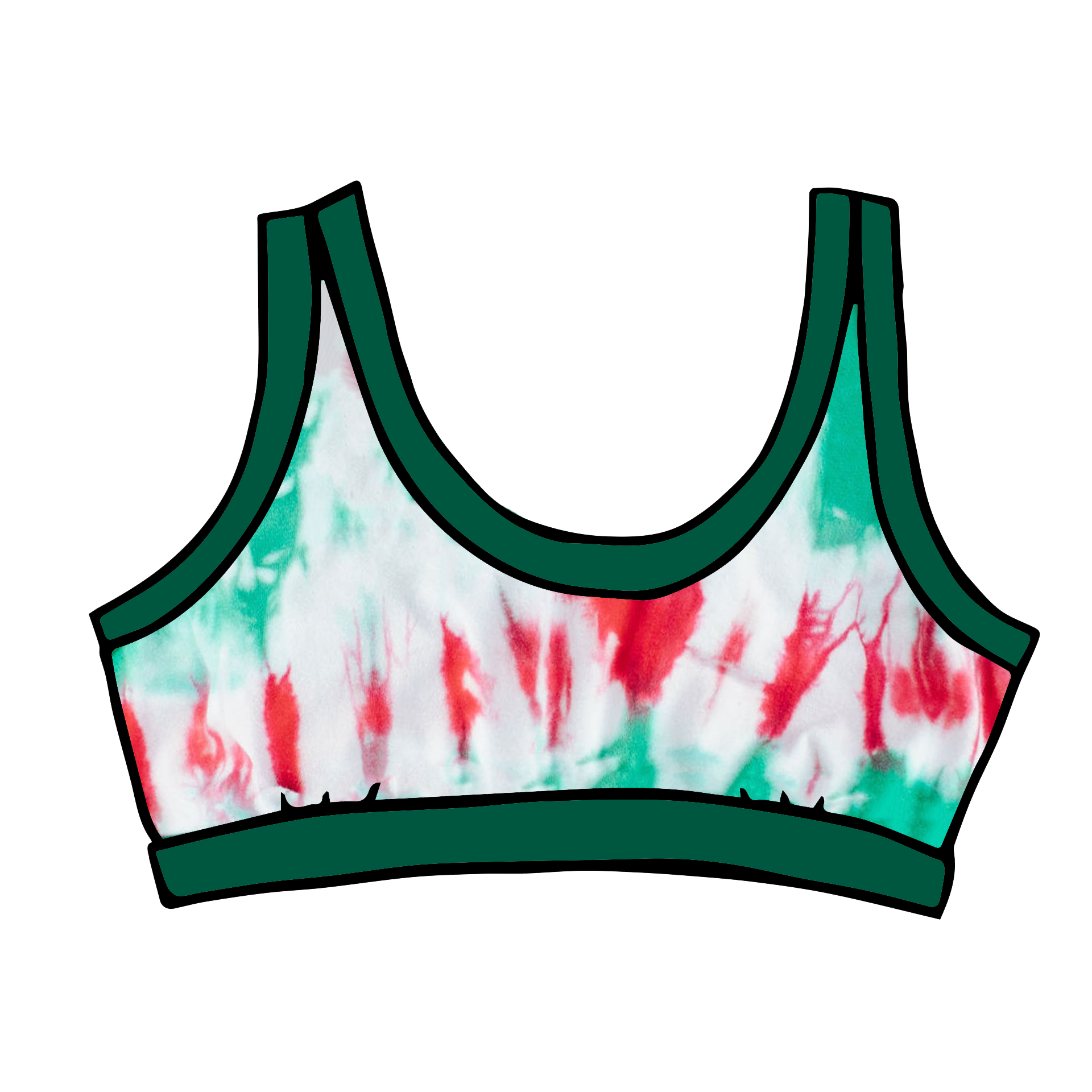 Drawing of Thunderpants Bralette in Holiday Dye - red and green tie dye with green binding. 
