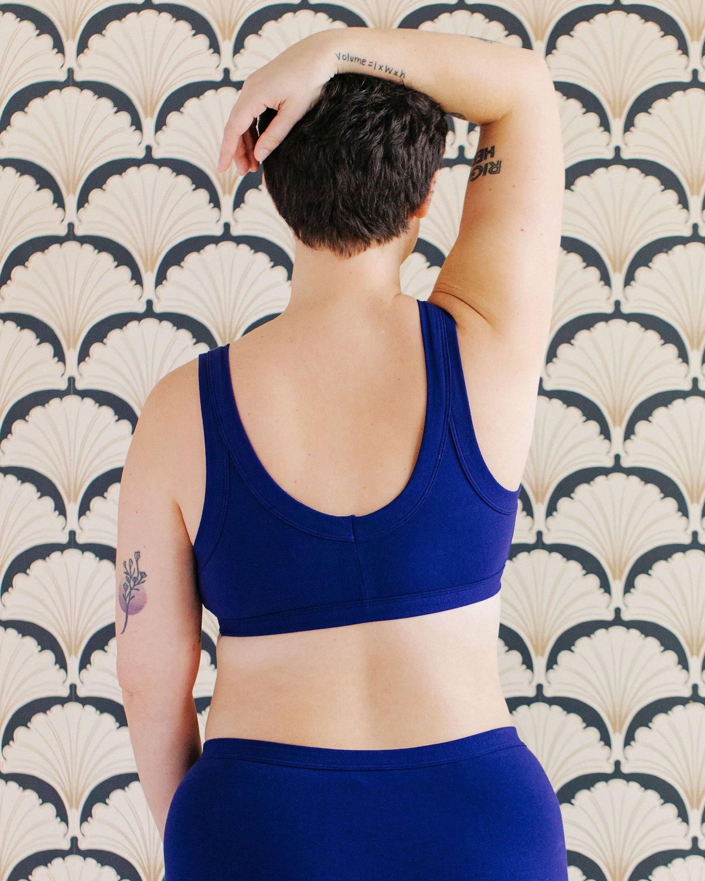Model wearing Thunderpants Bralette  and Original style underwear in Indigo blue.