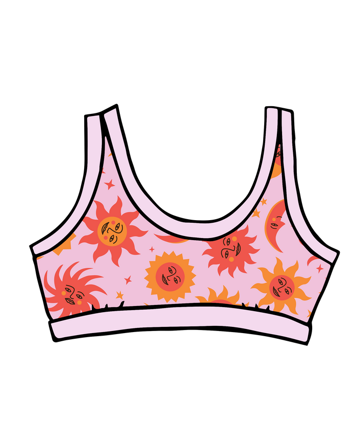 Drawing of Thunderpants Bralette in Luna y Sol print - pink, yellow, and orange suns and moons.