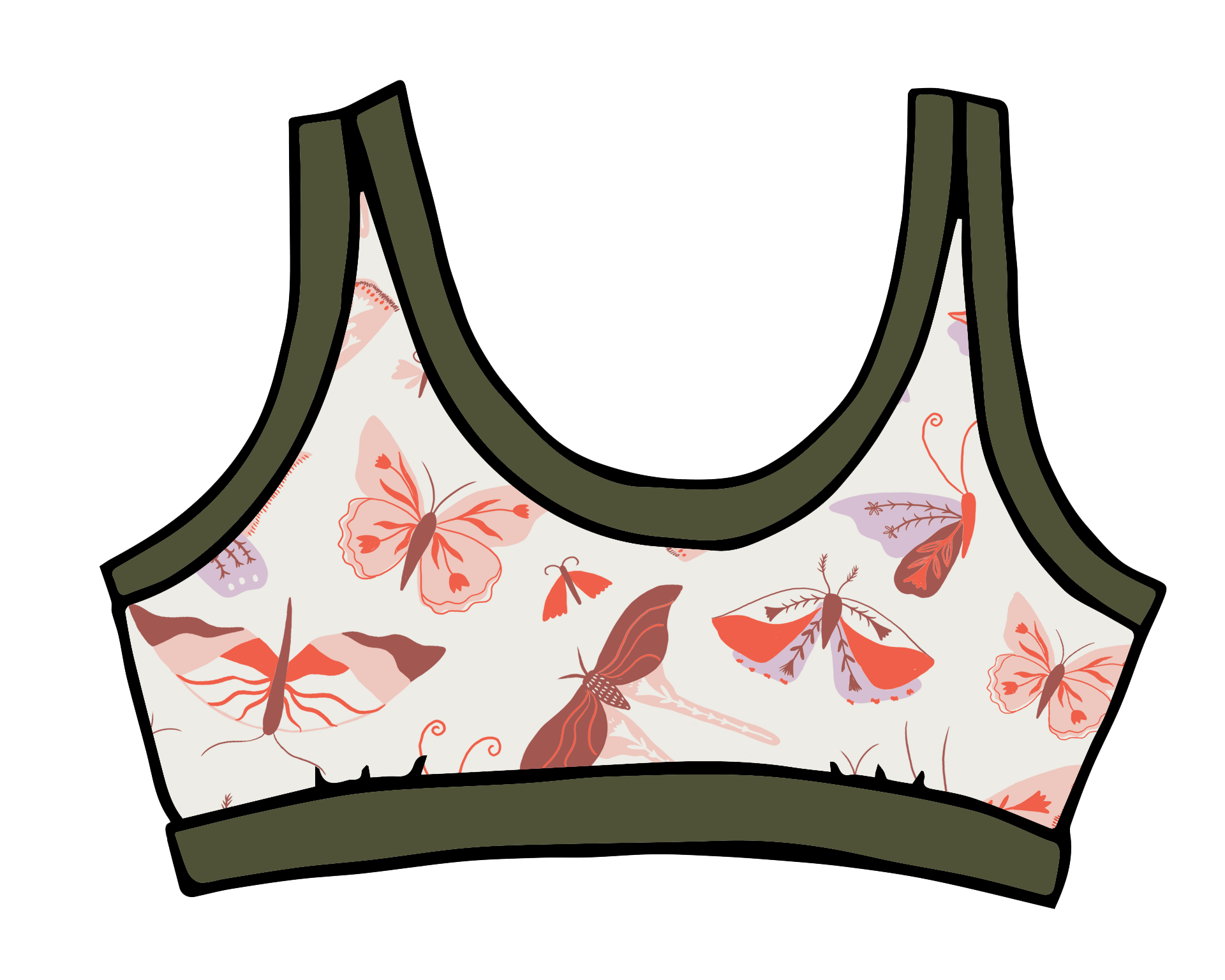 Drawing of Thunderpants Bralette in Field Study: a moth print in red, orange, pink, and purple bound in green.