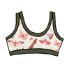 Drawing of Thunderpants Bralette in Field Study: a moth print in red, orange, pink, and purple bound in green.