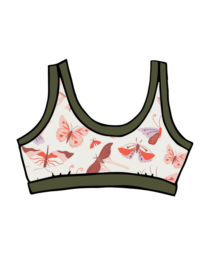 Drawing of Thunderpants Bralette in Field Study: a moth print in red, orange, pink, and purple bound in green.