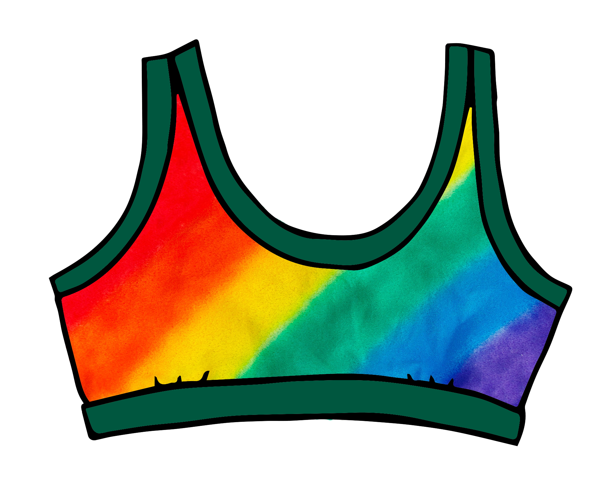 Drawing of Thunderpants organic cotton Bralette in hand painted rainbow stripes for Pride.