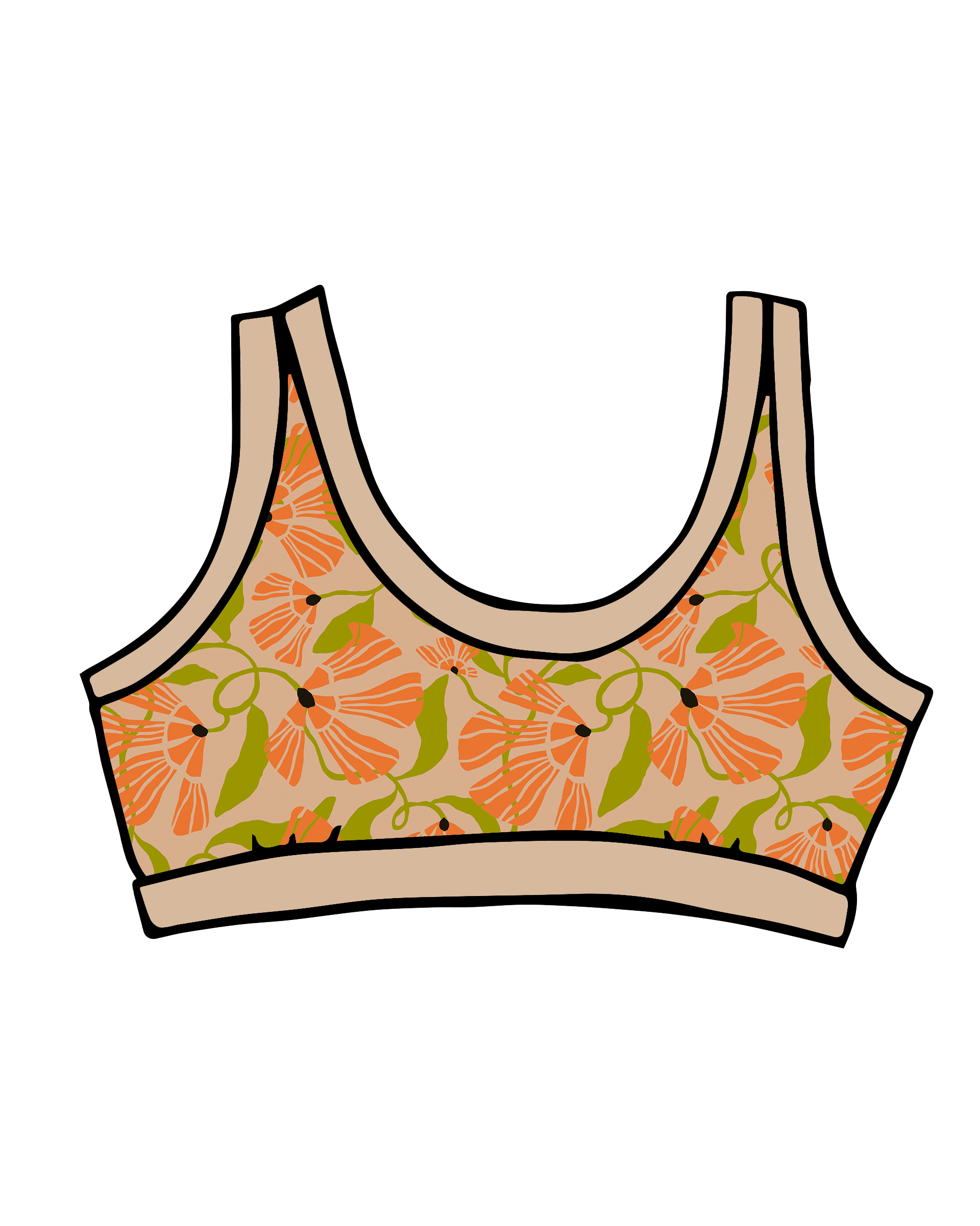 Drawing of Thunderpants Bralette in Secret Garden print - orange and green flowers on tan.