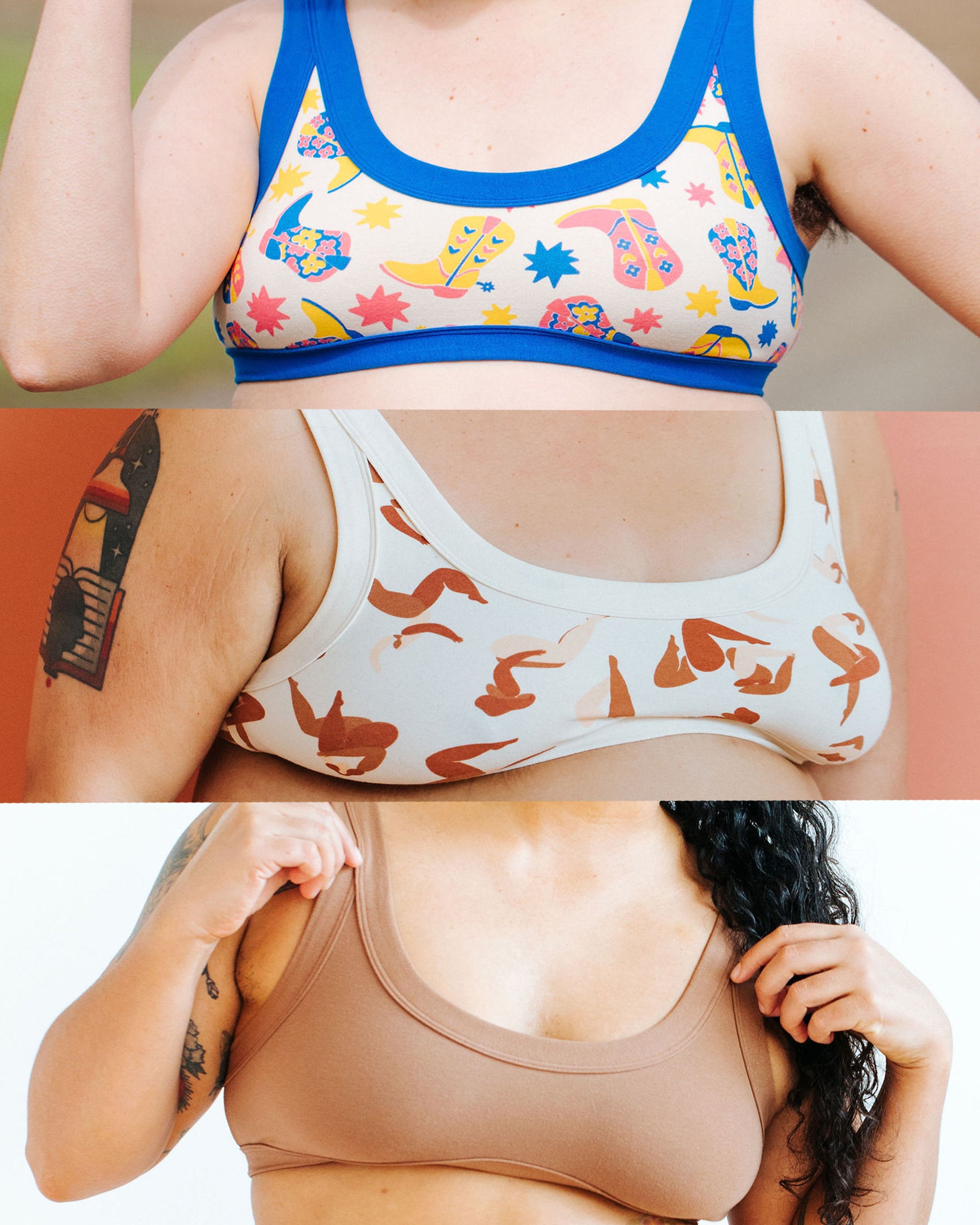 Close up of models wearing Thunderpants Bralettes in Boot Scootin', Bodies in Motion, and Hazelnut.