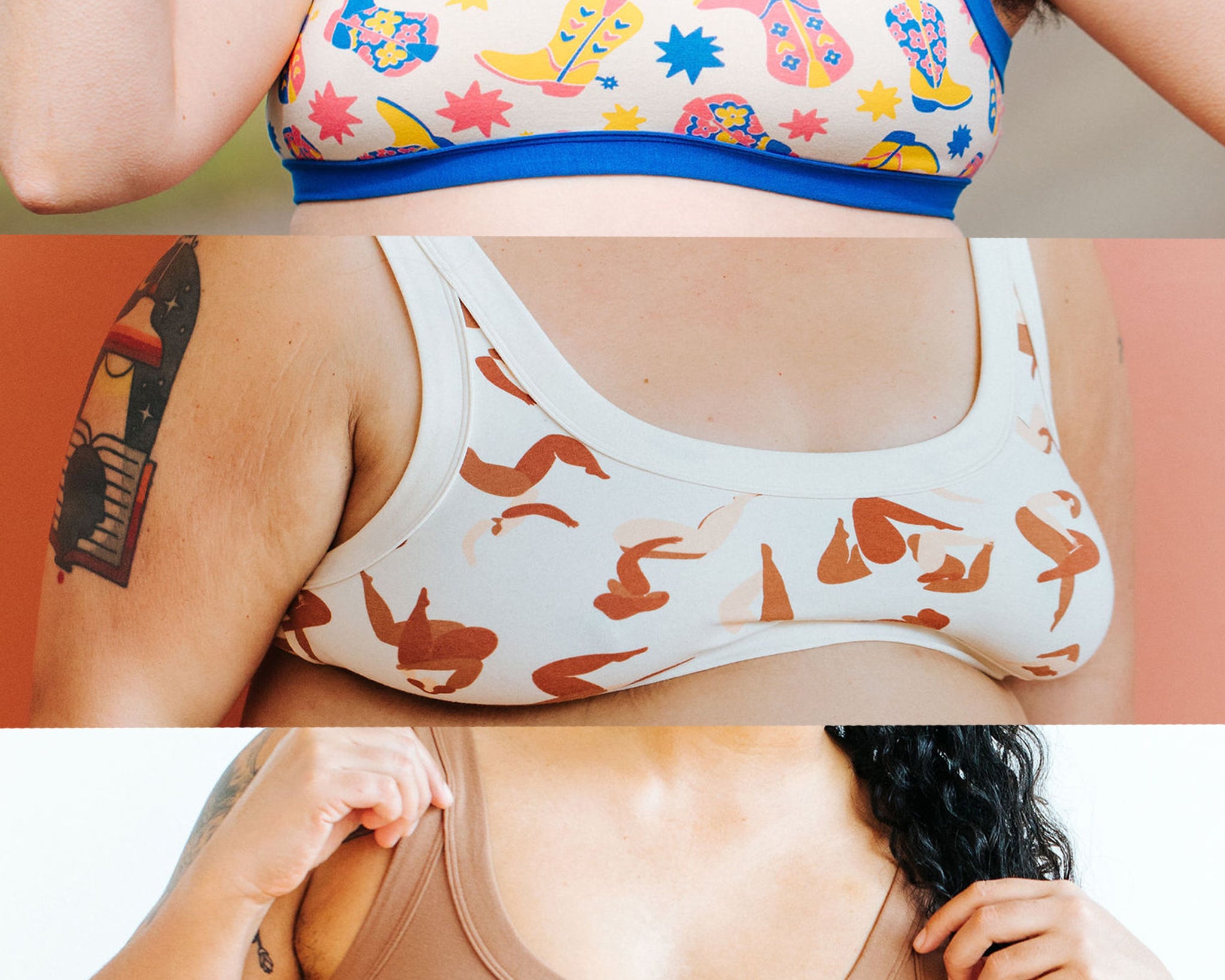 Close up of models wearing Thunderpants Bralettes in Boot Scootin', Bodies in Motion, and Hazelnut.