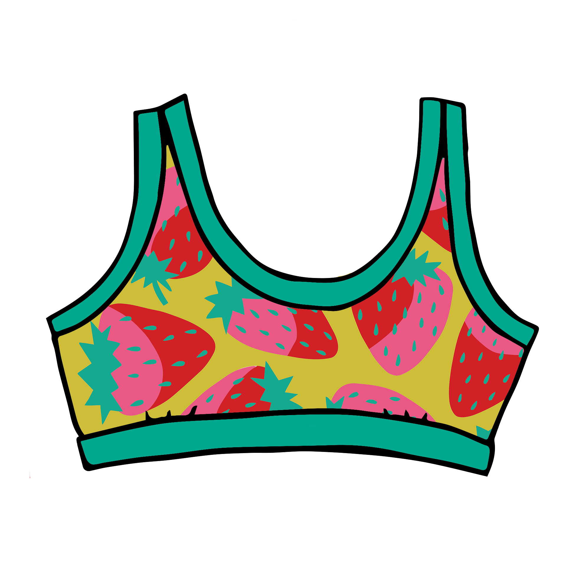 Drawing of Thunderpants Bralette in Strawberry print - pink, red, and peacock green on chartreuse. 