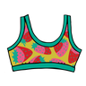 Drawing of Thunderpants Bralette in Strawberry print - pink, red, and peacock green on chartreuse. 