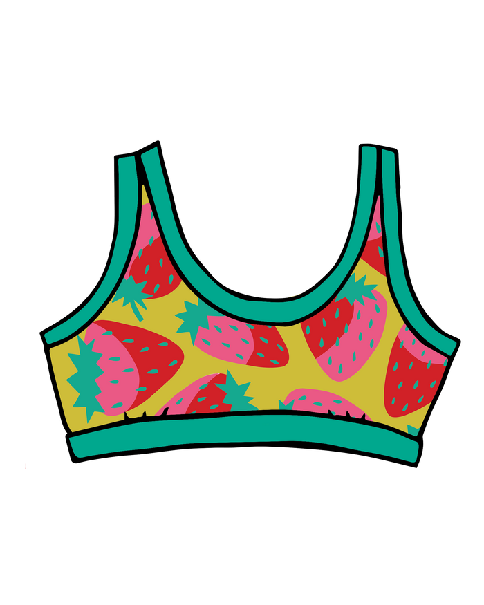Drawing of Thunderpants Bralette in Strawberry print - pink, red, and peacock green on chartreuse. 