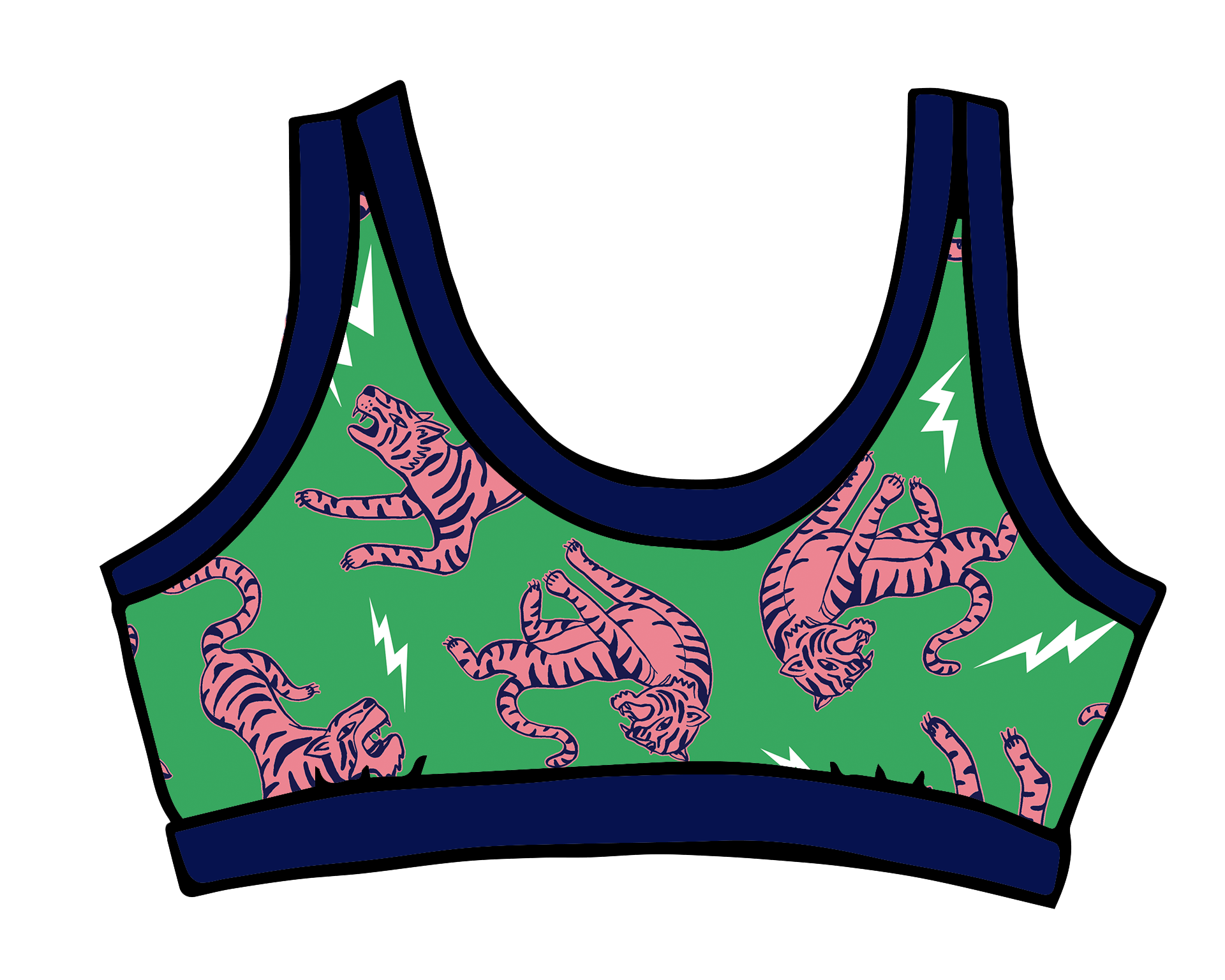 Drawing of Thunderpants organic cotton Bralette in Electric Tiger - green with pink and blue tigers and white lightning bolts.