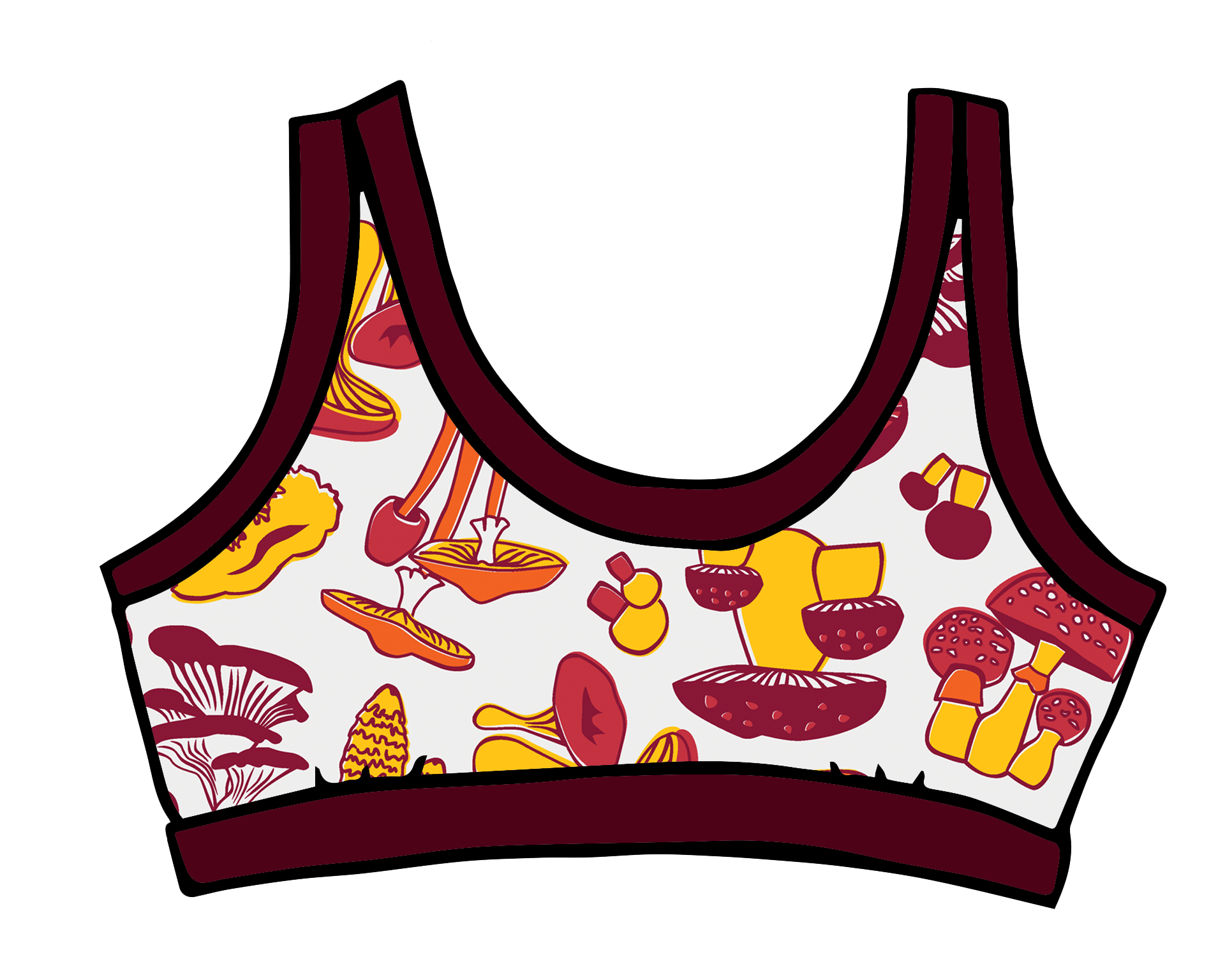 Drawing of Thunderpants Bralette in Whadda Fungi print - red, yellow, and orange mushroom print.