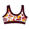 Drawing of Thunderpants Bralette in Whadda Fungi print - red, yellow, and orange mushroom print.
