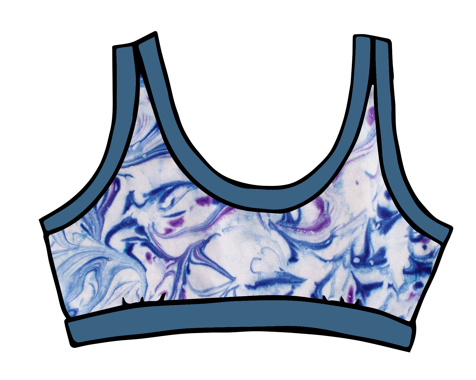 Drawing of Thunderpants Bralette in Winter Blues Marble dye - different blues and purples swirled to look like marble. 