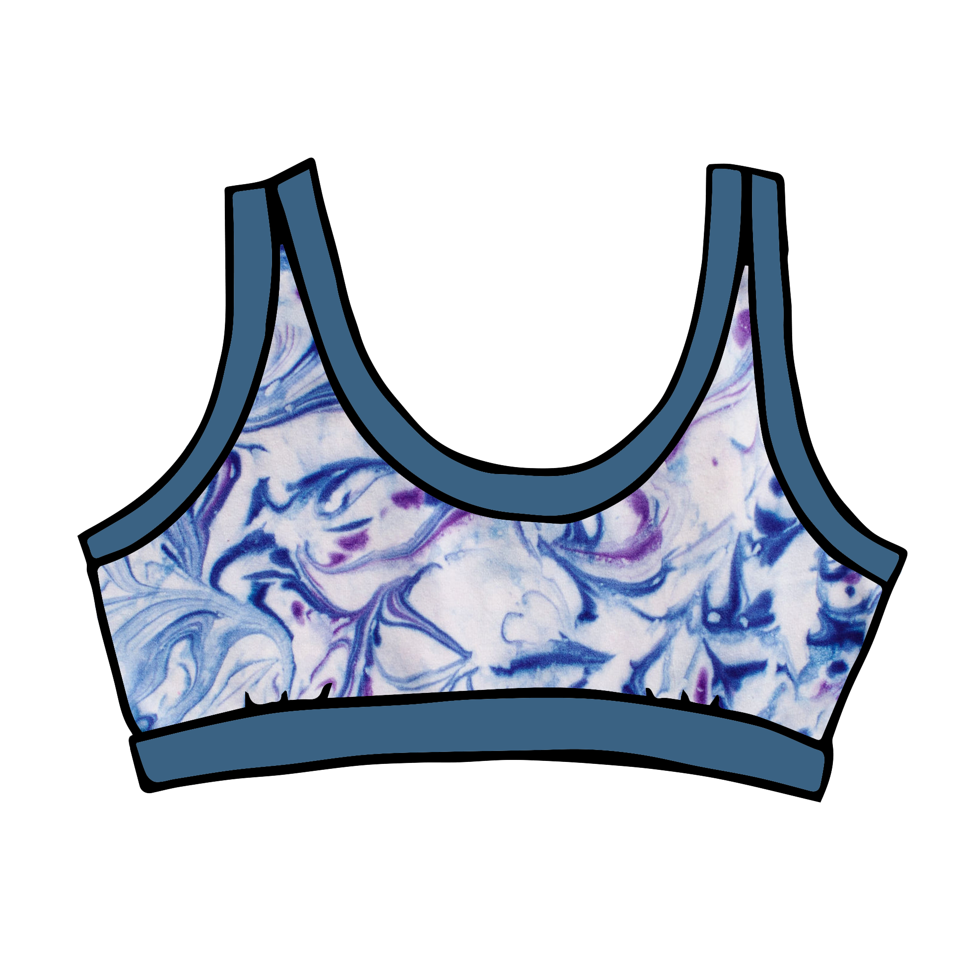 Drawing of Thunderpants Bralette in Winter Blues Marble dye - different blues and purples swirled to look like marble. 