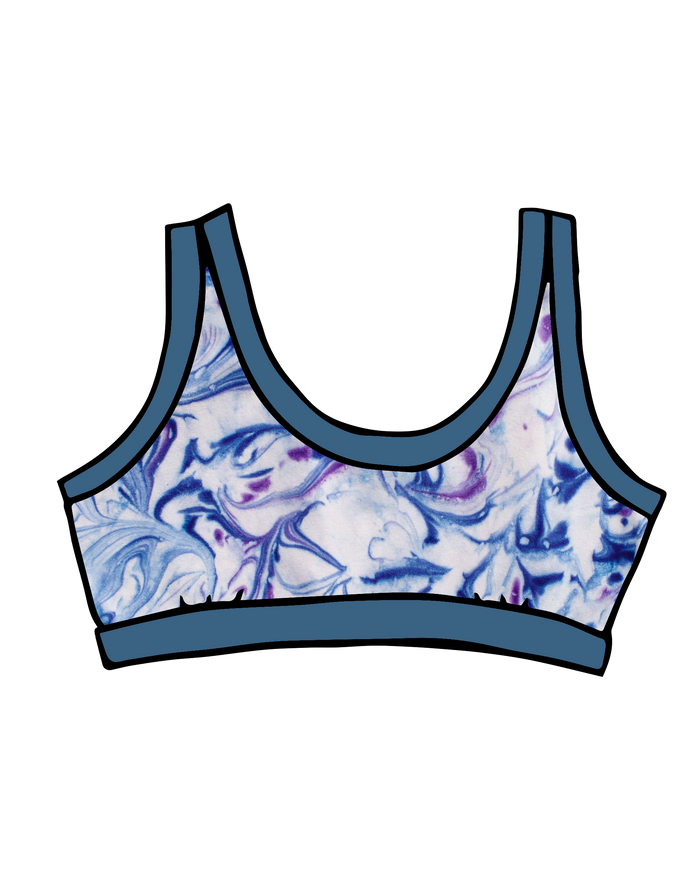 Drawing of Thunderpants Bralette in Winter Blues Marble dye - different blues and purples swirled to look like marble. 