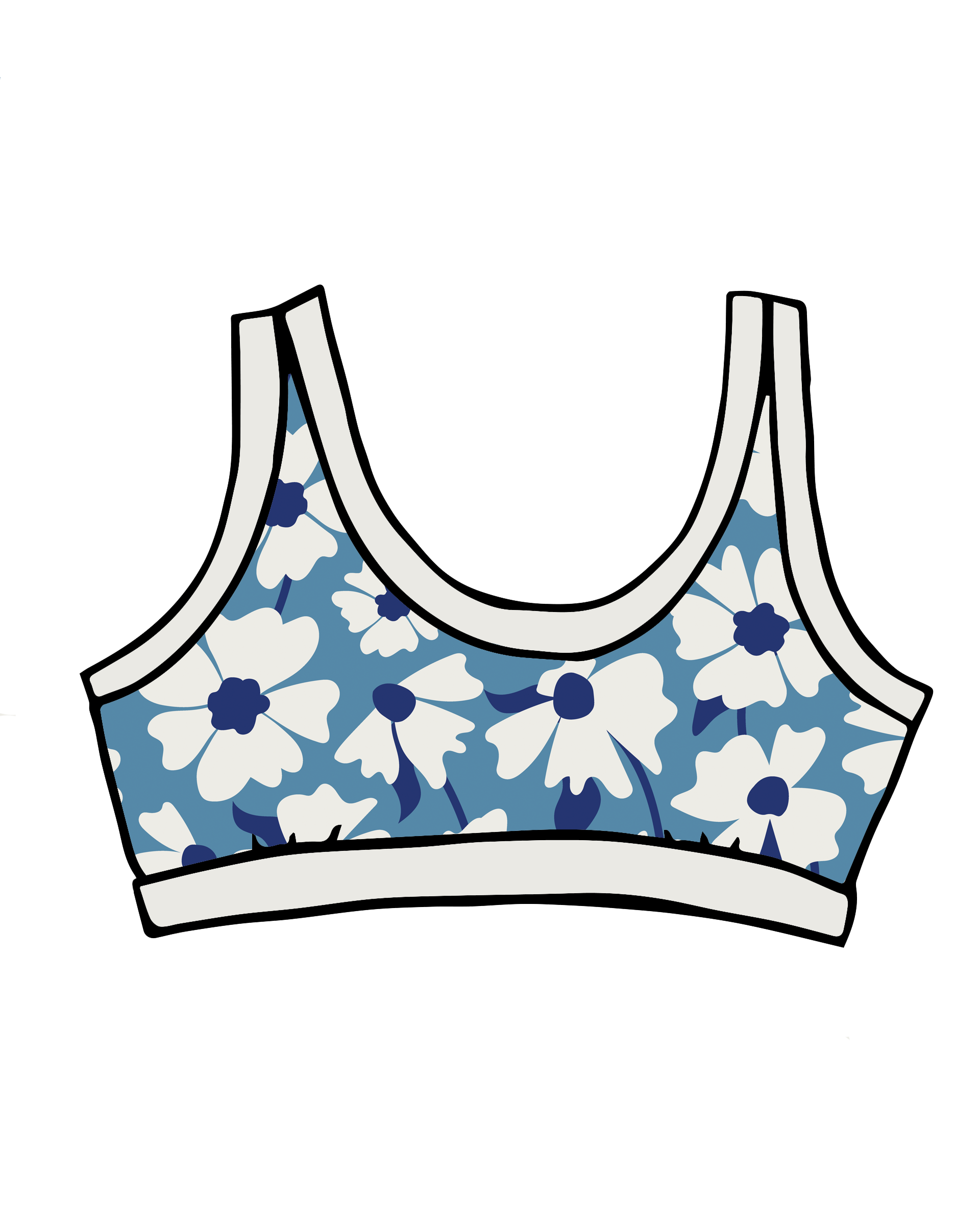 Drawing of Thunderpants Bralette in Moody Blooms - white and blue flowers with blue background.
