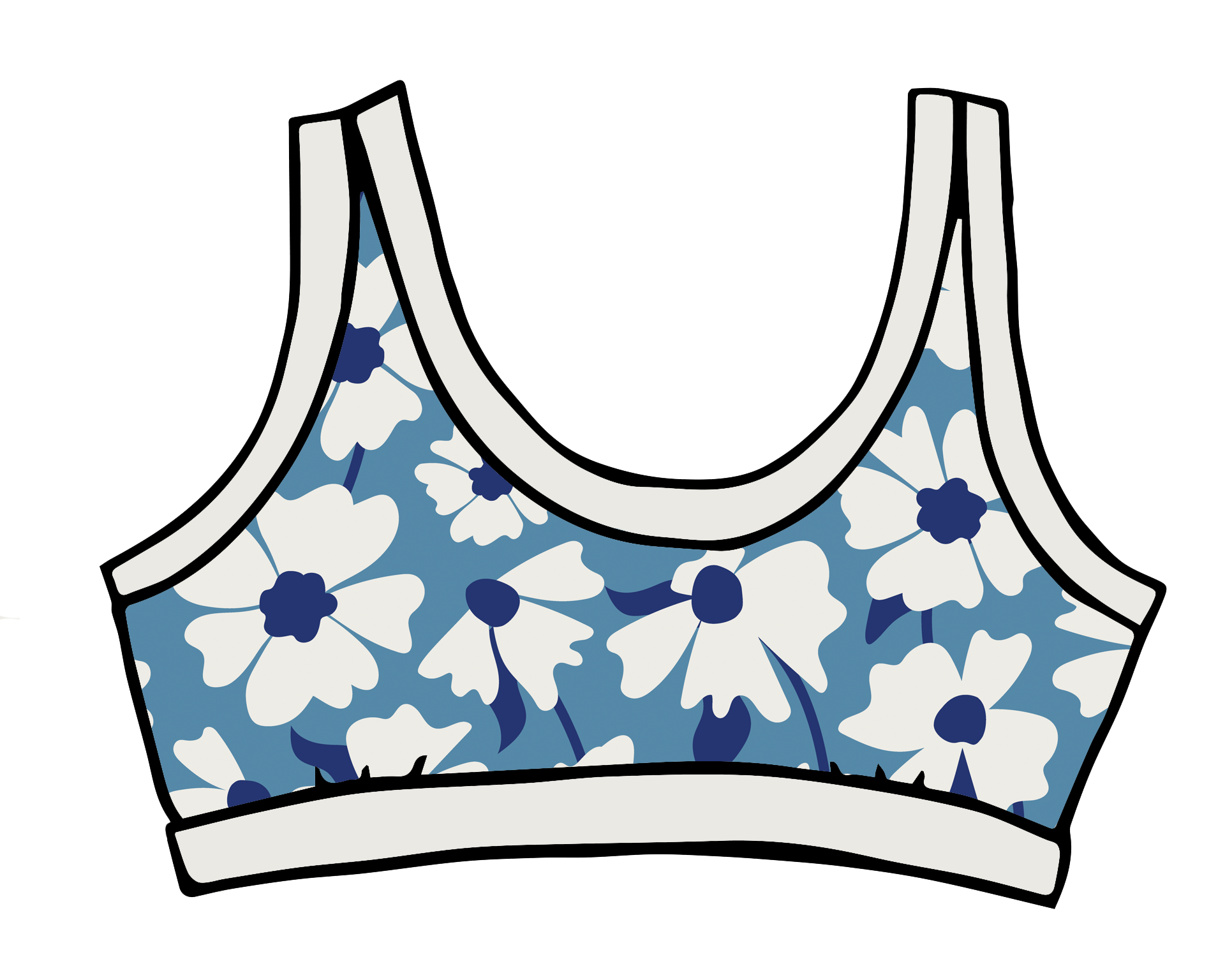 Drawing of Thunderpants Bralette in Moody Blooms - white and blue flowers with blue background.