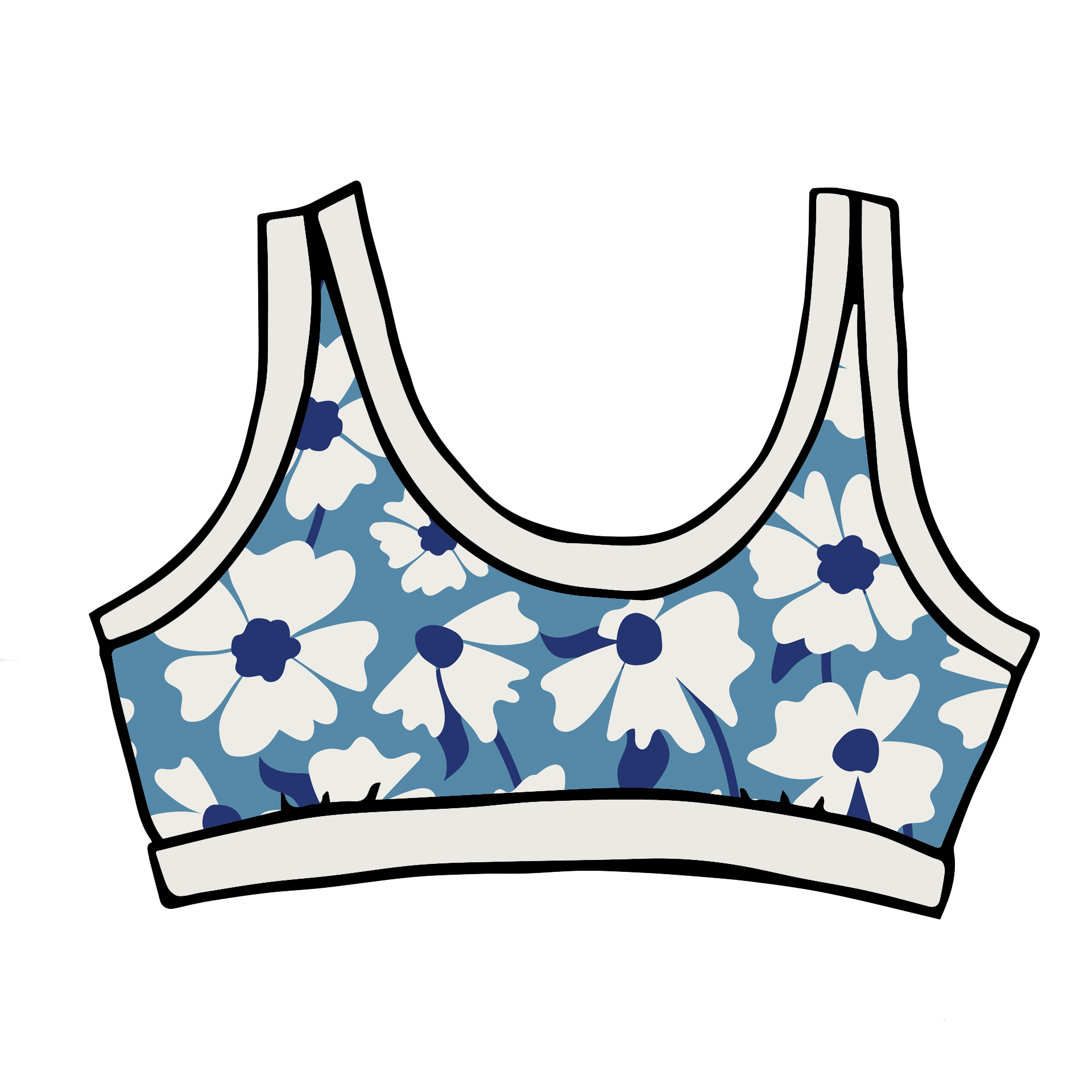 Drawing of Thunderpants Bralette in Moody Blooms - white and blue flowers with blue background.