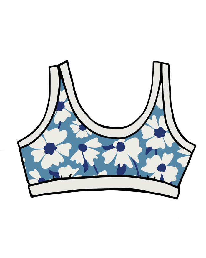 Drawing of Thunderpants Bralette in Moody Blooms - white and blue flowers with blue background.