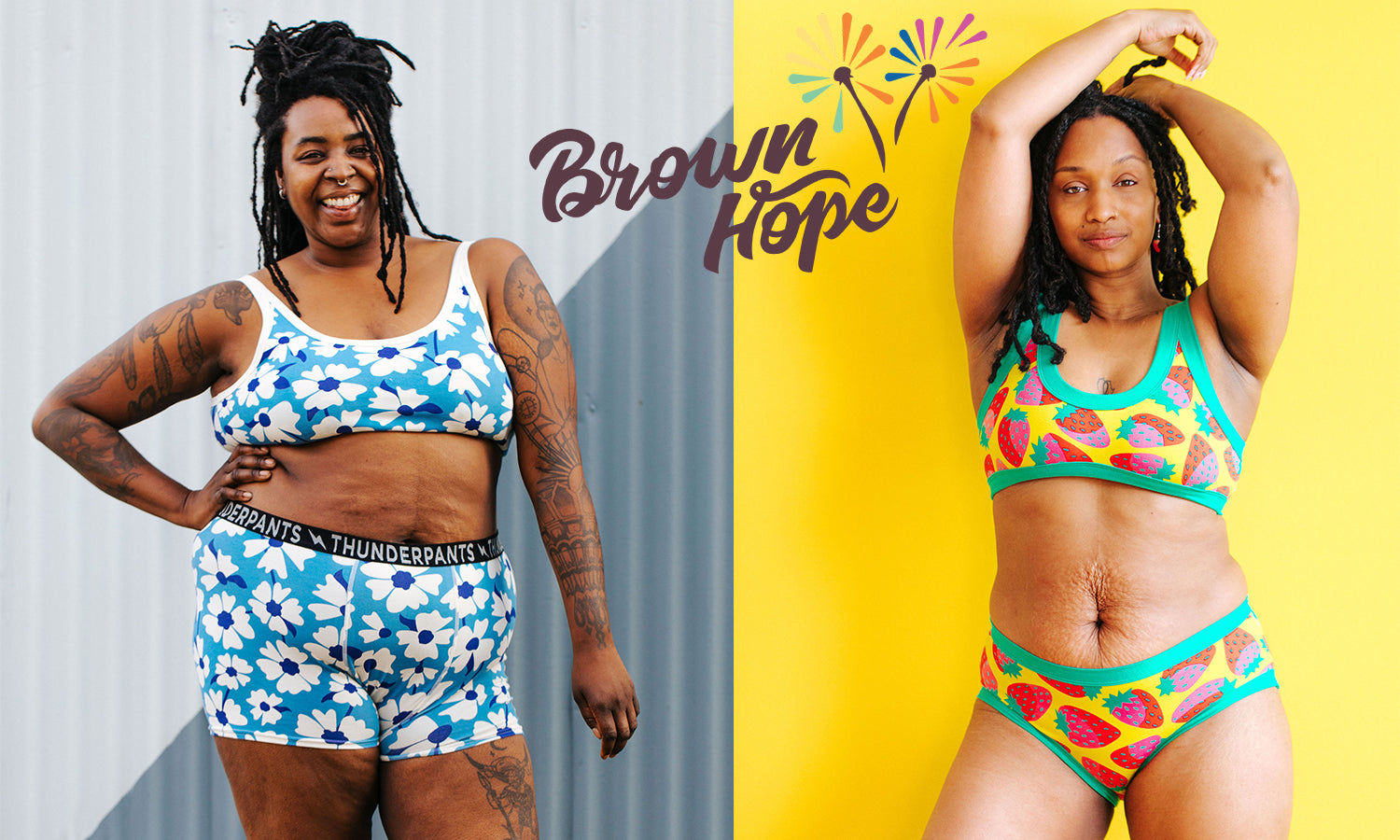 Two models wearing various organic cotton Thunderpants items.