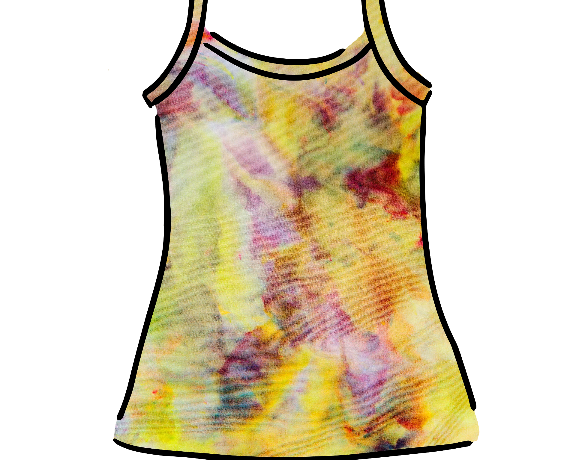 Drawing of Thunderpants Cami in Citrus Blossom Dye - hand dyed yellow, pink, and purple.