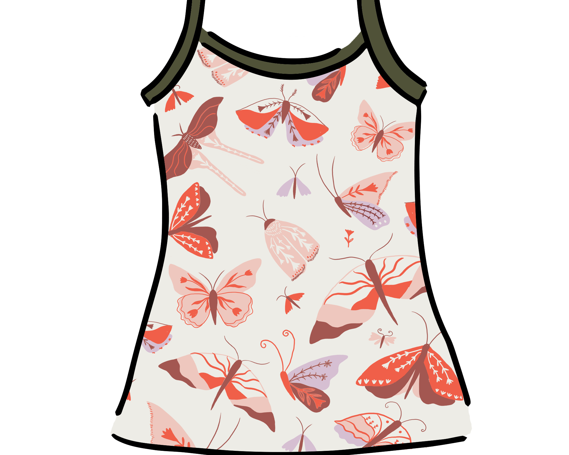 Drawing of Thunderpants Cami in Field Study: a moth print in red, orange, pink, and purple bound in green.