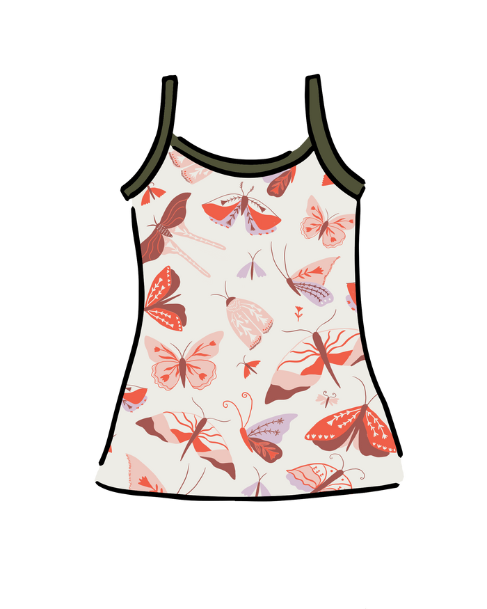 Drawing of Thunderpants Cami in Field Study: a moth print in red, orange, pink, and purple bound in green.