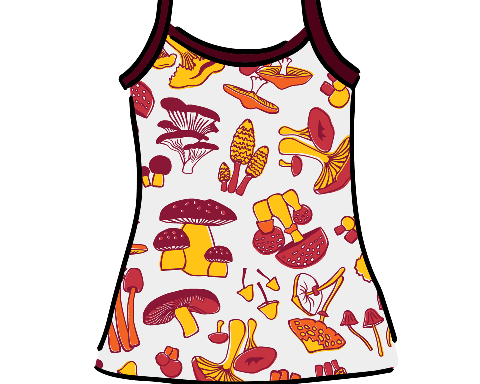 Drawing of Thunderpants Cami in Whadda Fungi - red, yellow, and orange mushroom print.