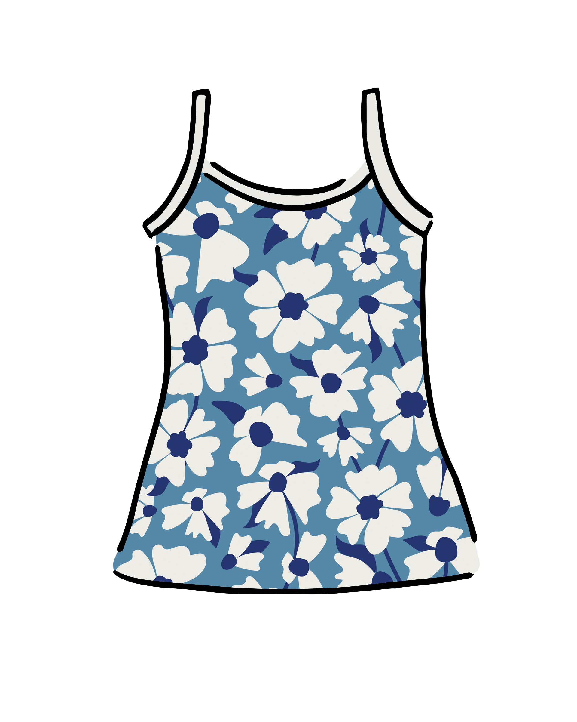 Drawing of Thunderpants Camisole in Moody Blooms - white and blue flowers with blue background.