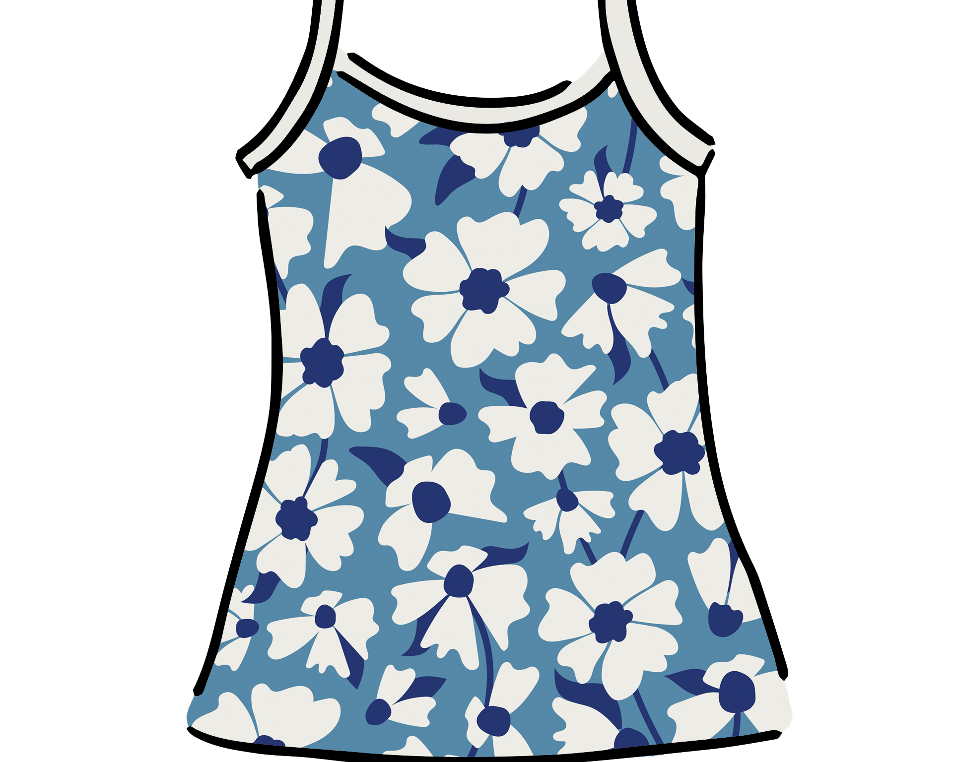 Drawing of Thunderpants Camisole in Moody Blooms - white and blue flowers with blue background.