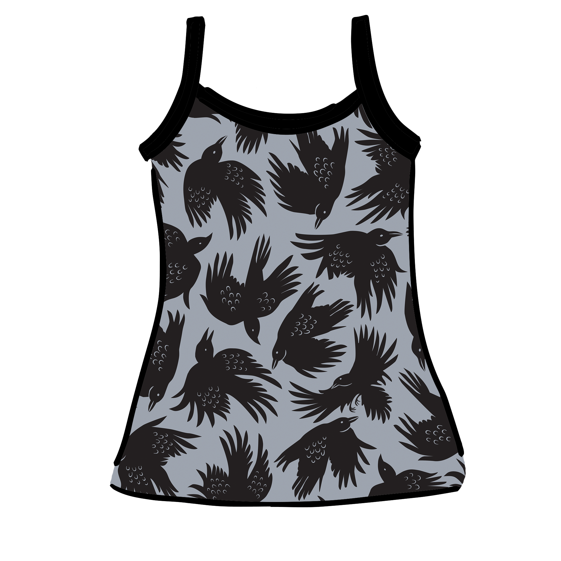 Drawing of Thunderpants Camisole in So it Crows - black crows on grey.