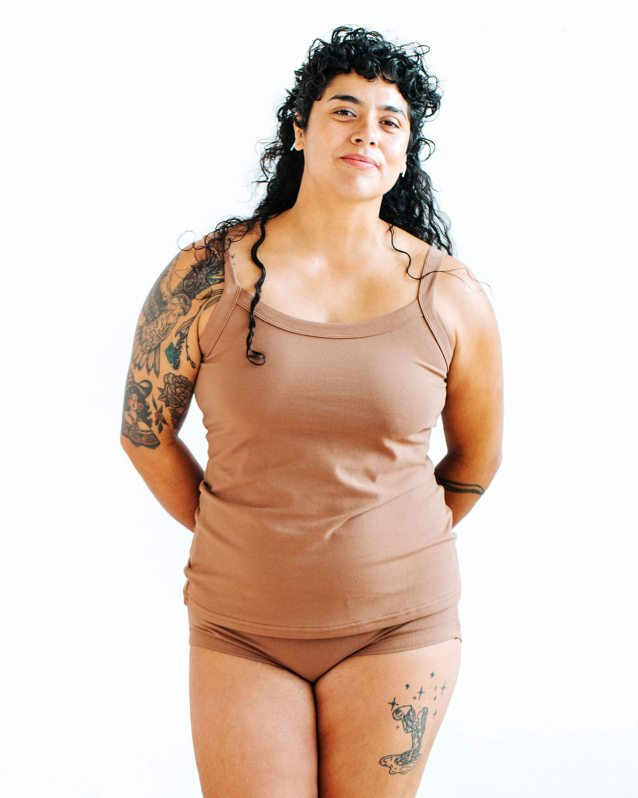 Model wearing Thunderpants Camisole and Hipster style underwear in Hazelnut color.