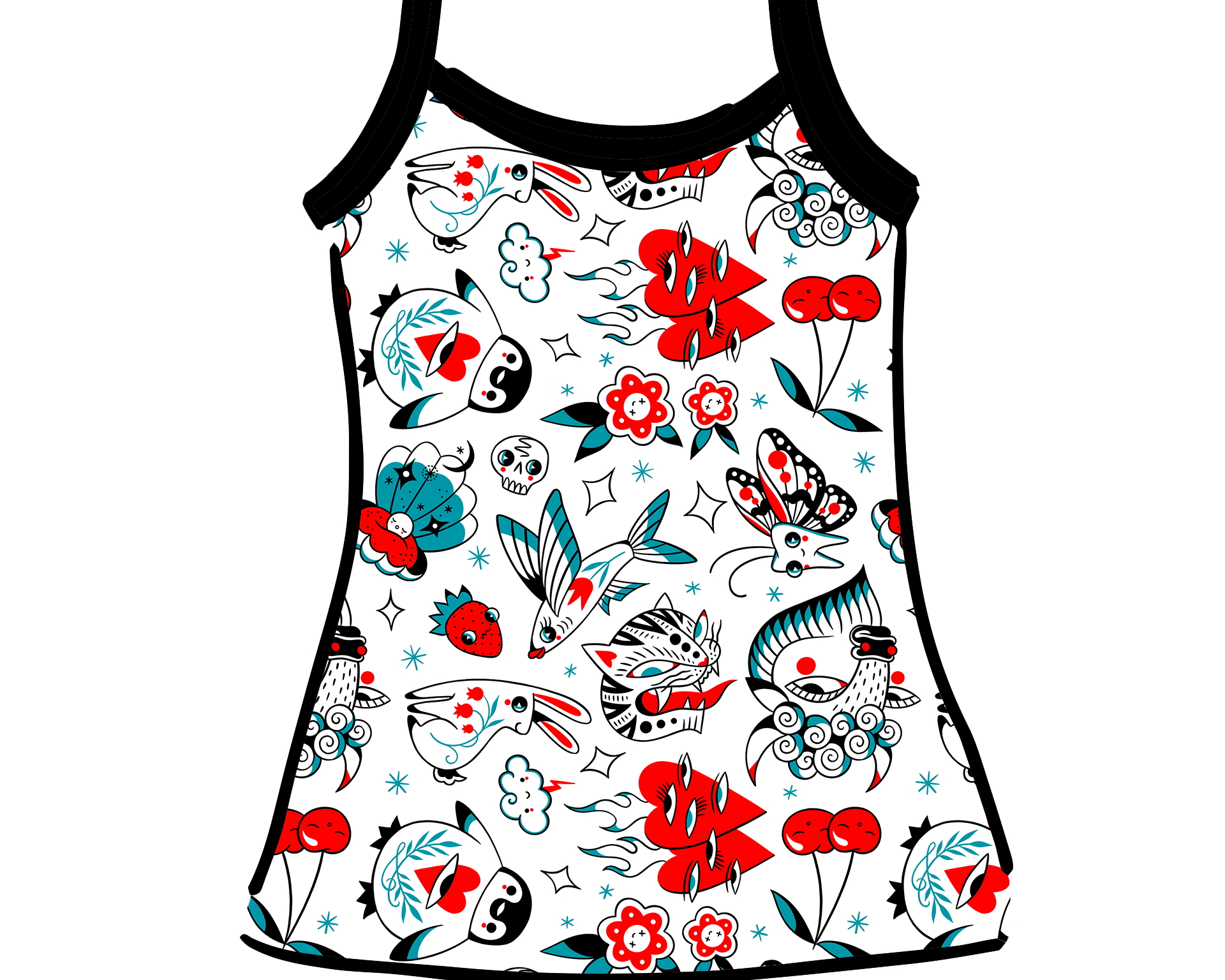 Drawing of Thunderpants Cami in Inked Up print - black, blue, and red tattoos.