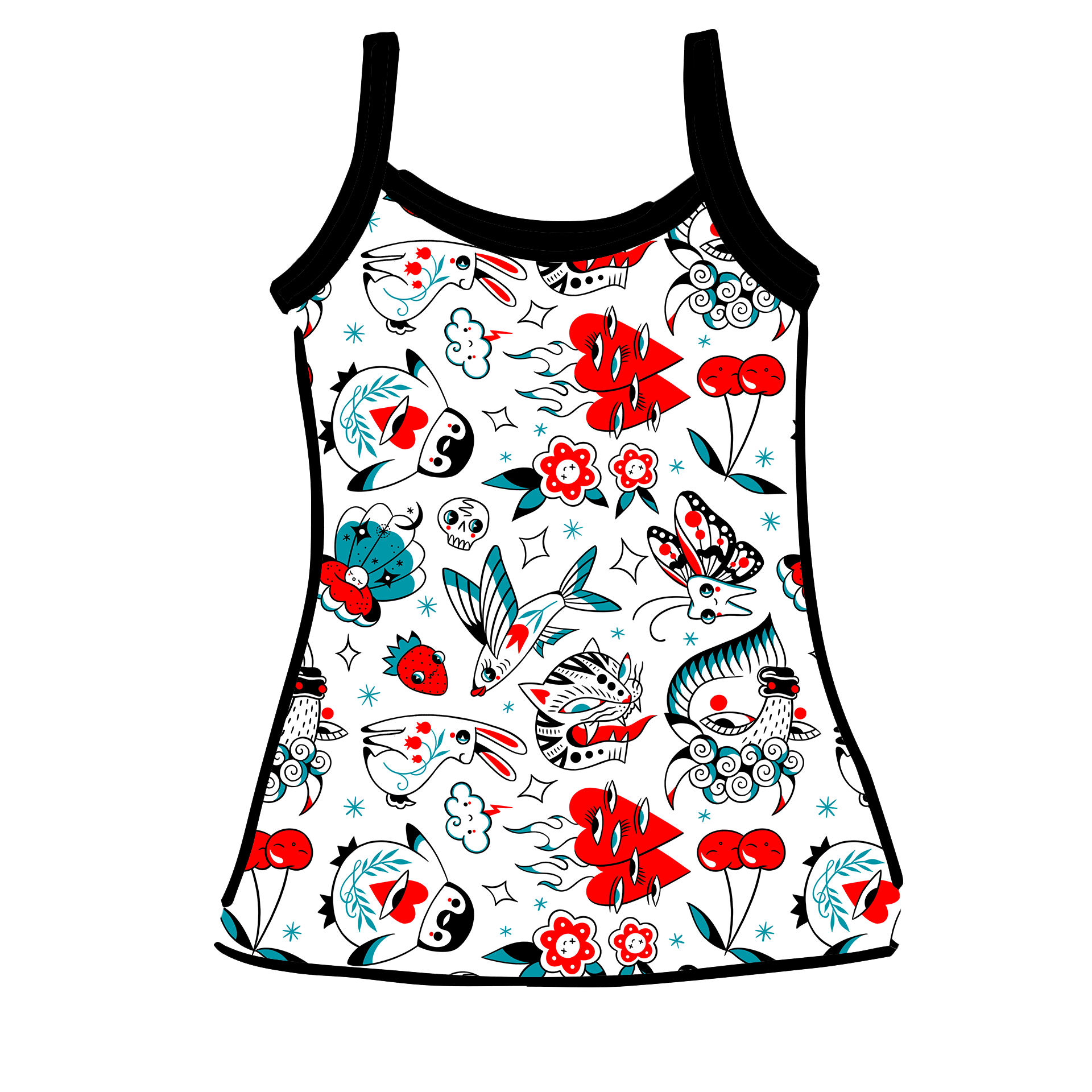 Drawing of Thunderpants Cami in Inked Up print - black, blue, and red tattoos.