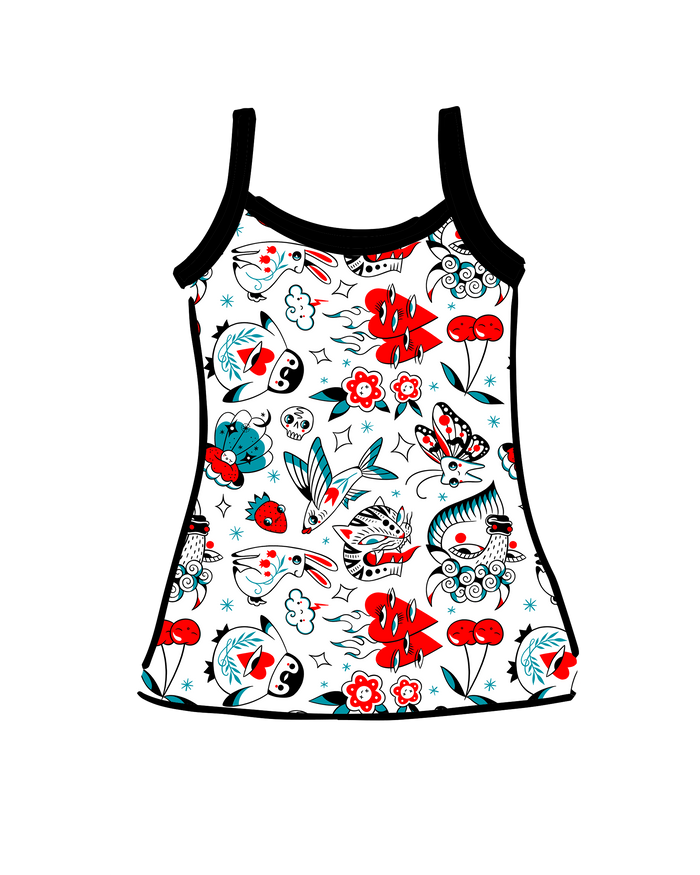 Drawing of Thunderpants Cami in Inked Up print - black, blue, and red tattoos.