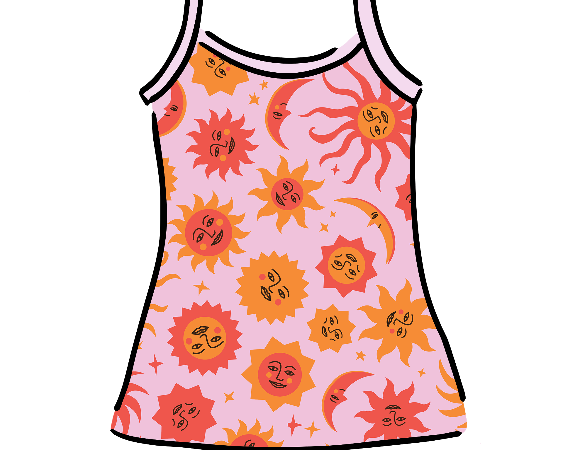 Drawing of Thunderpants Cami in Luna y Sol print - pink, yellow, and orange suns and moons.