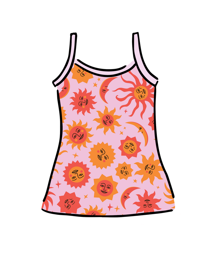 Drawing of Thunderpants Cami in Luna y Sol print - pink, yellow, and orange suns and moons.