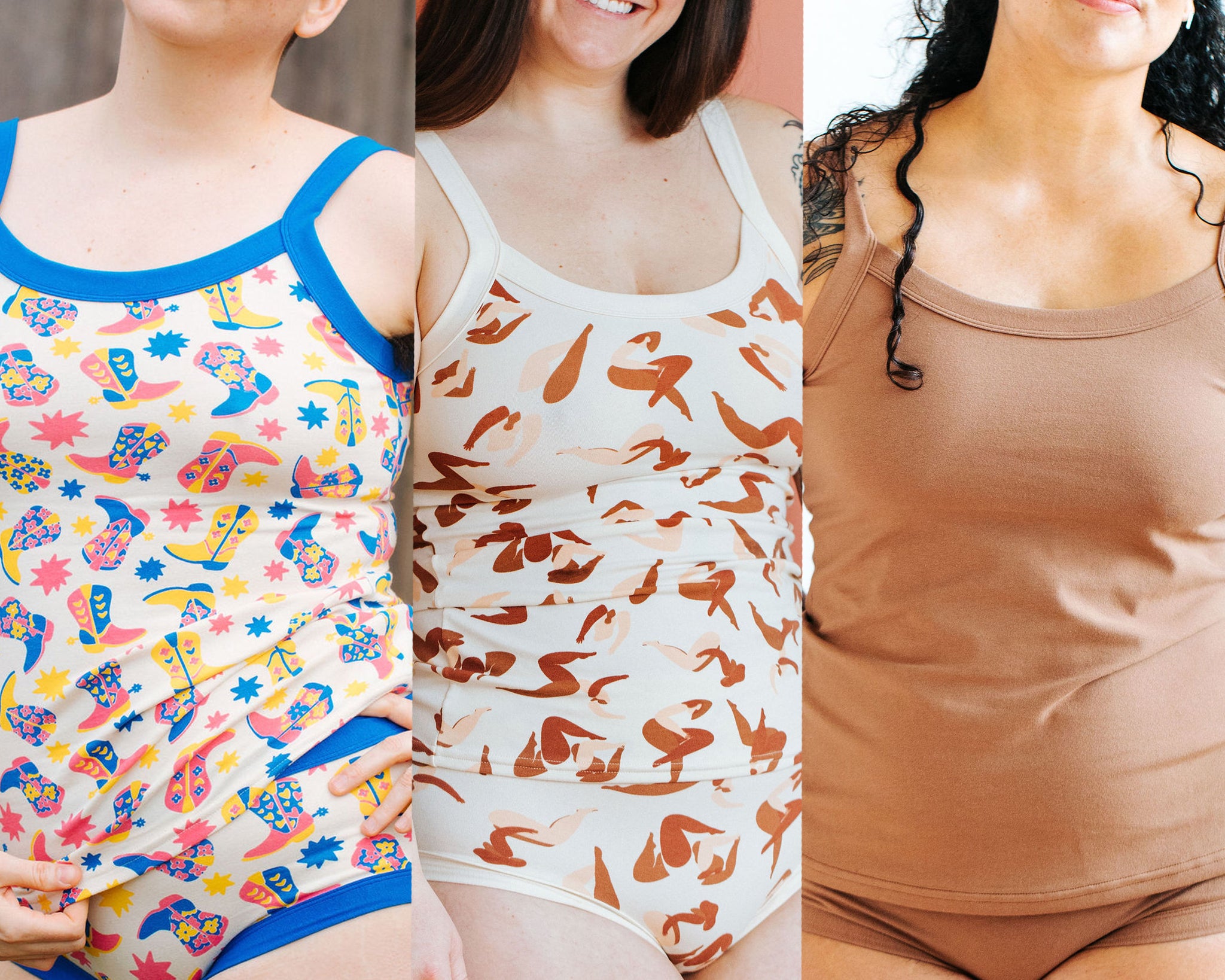 Close up of models wearing Thunderpants Camisoles in Boot Scootin', Bodies in Motion, and Hazelnut.