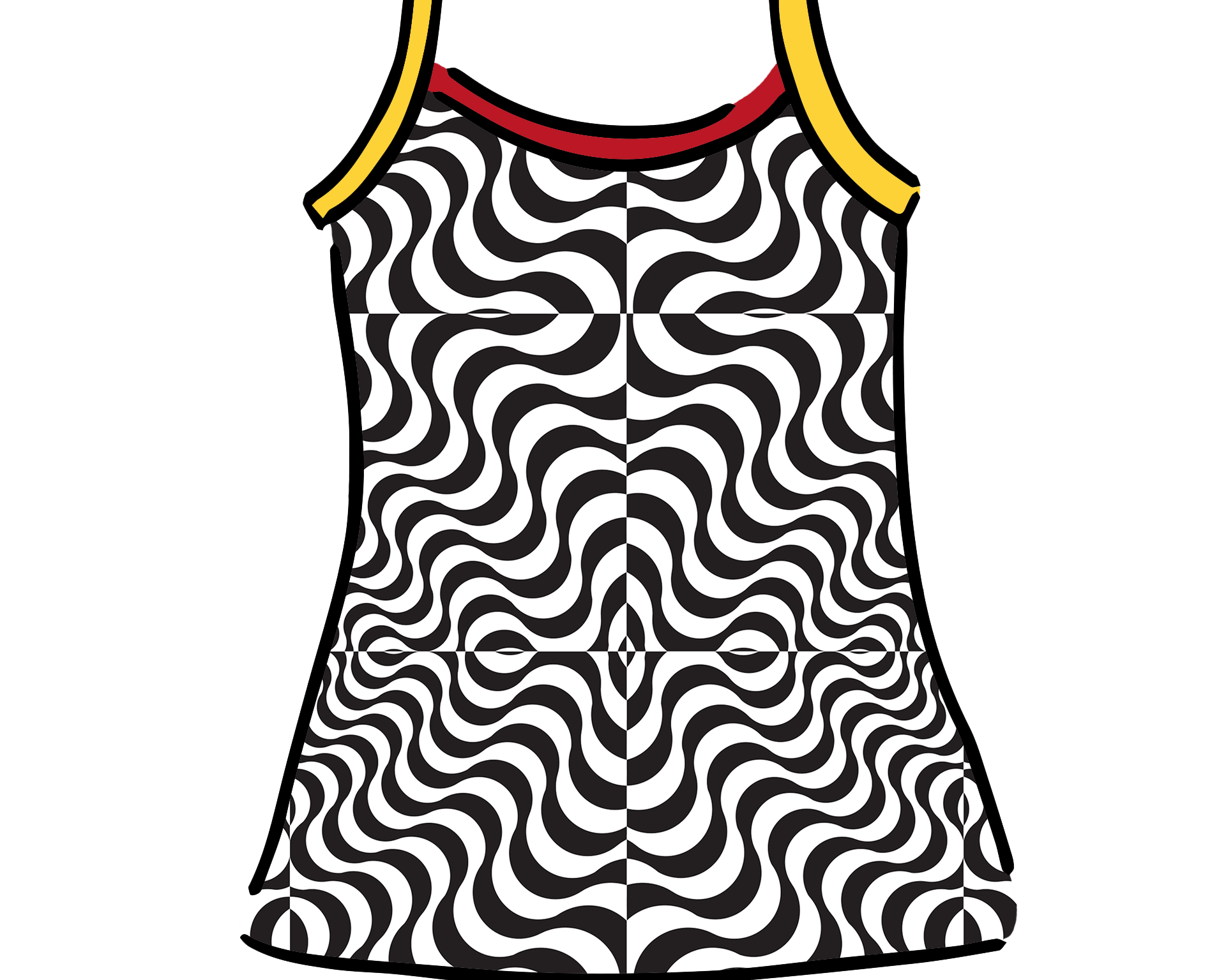 Drawing of Thunderpants Camisole in Tropical Trippy - black and white squiggles with red and yellow binding.