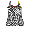 Drawing of Thunderpants Camisole in Tropical Trippy - black and white squiggles with red and yellow binding.