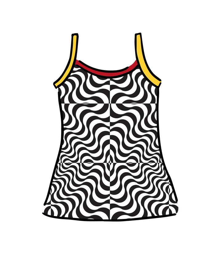 Drawing of Thunderpants Camisole in Tropical Trippy - black and white squiggles with red and yellow binding.