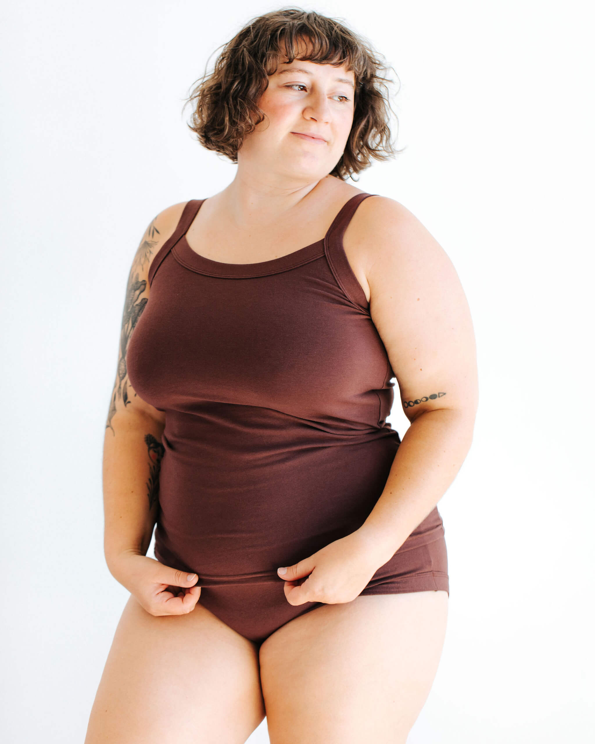 Model wearing Thunderpants Camisole and underwear in Chestnut - a dark brown color.