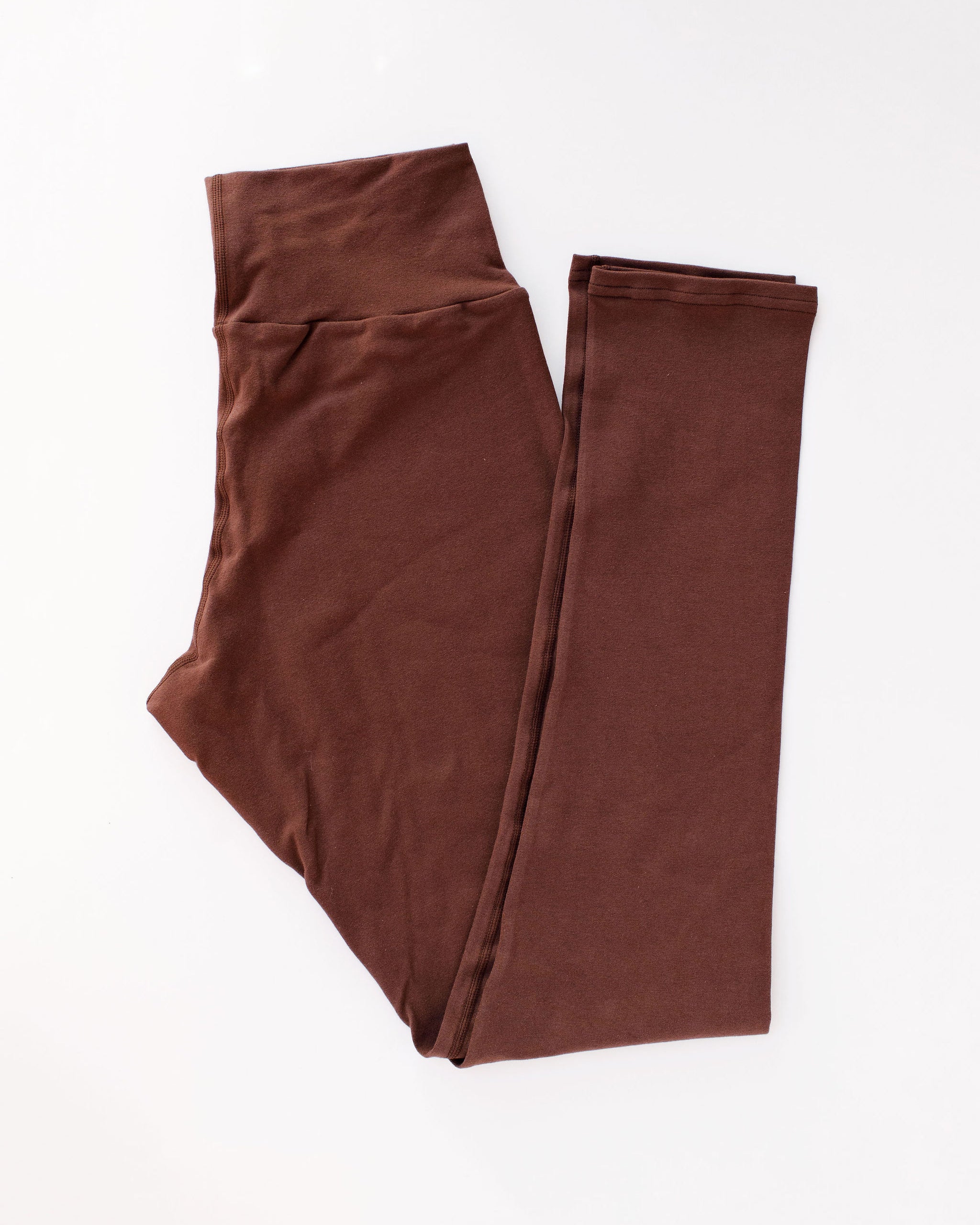 Flat lay of Thunderpants Extra Long Leggings in Chestnut - dark brown color.