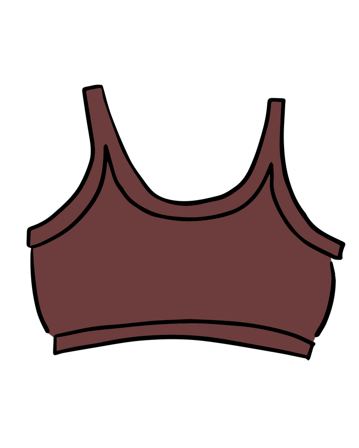 Drawing of Thunderpants Longline bra in Chestnut - a dark brown color.