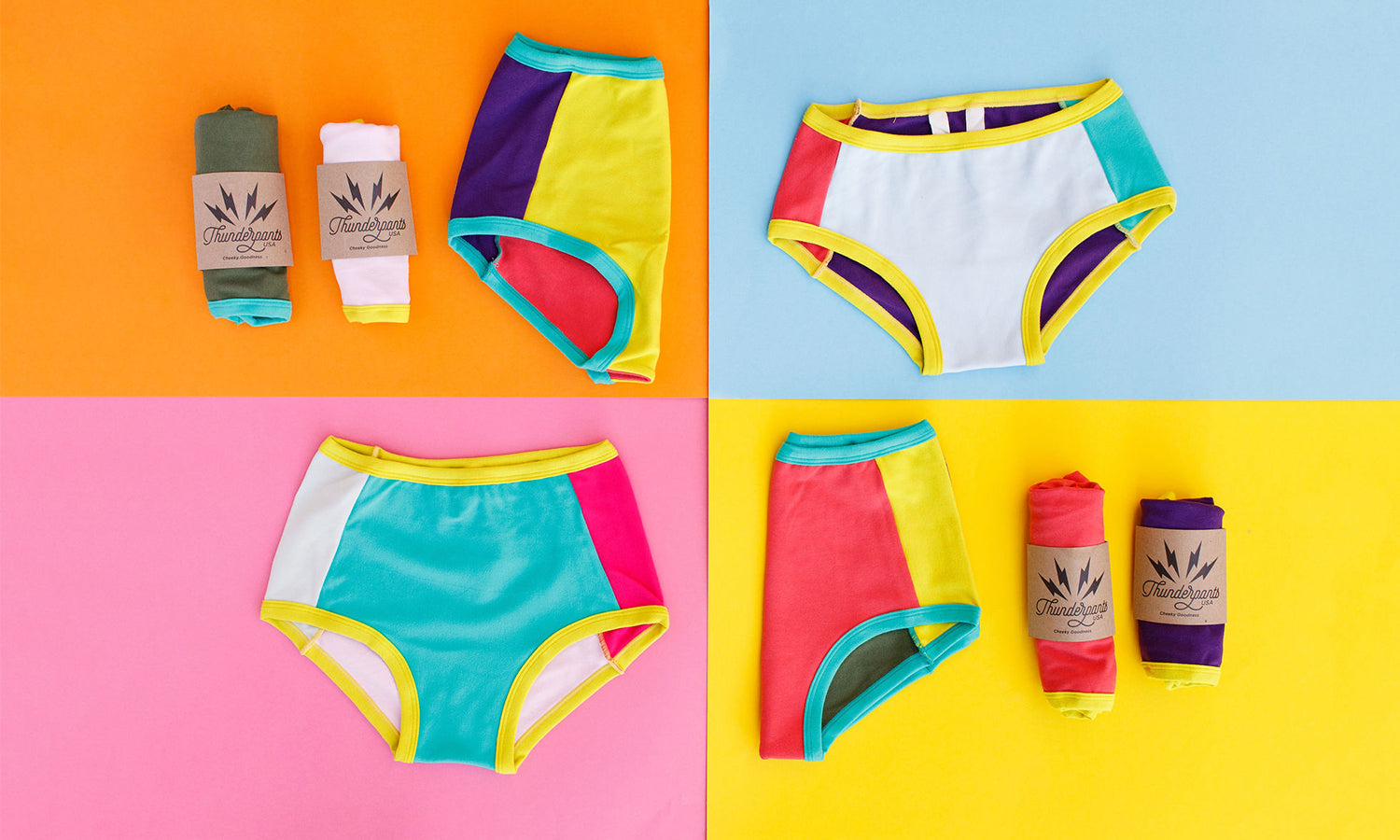 Flat lay of Thunderpants Original and Sky Rise style underwear in Color Block Panel Pants.