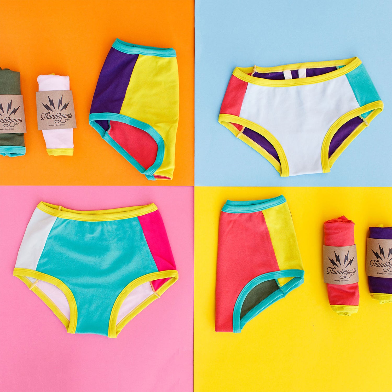 Flat lay of Thunderpants Original and Sky Rise style underwear in Color Block Panel Pants.