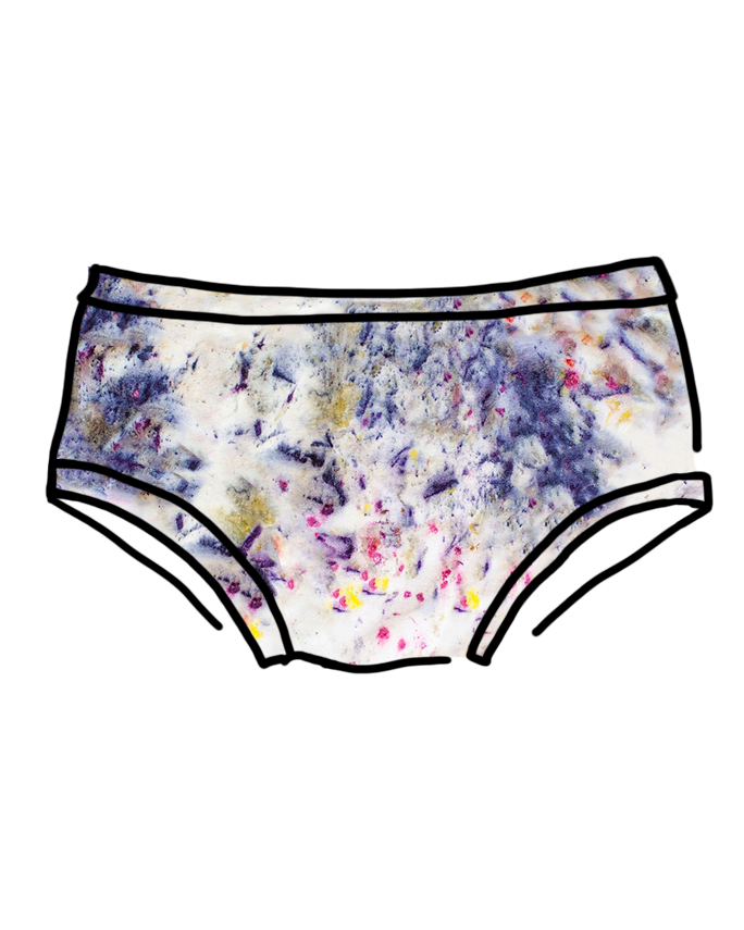 Drawing of Thunderpants Hipster style underwear in Cosmic Compost hand dye.