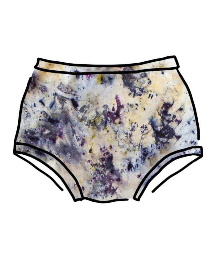 Drawing of Thunderpants Original style underwear in Cosmic Compost hand dye.
