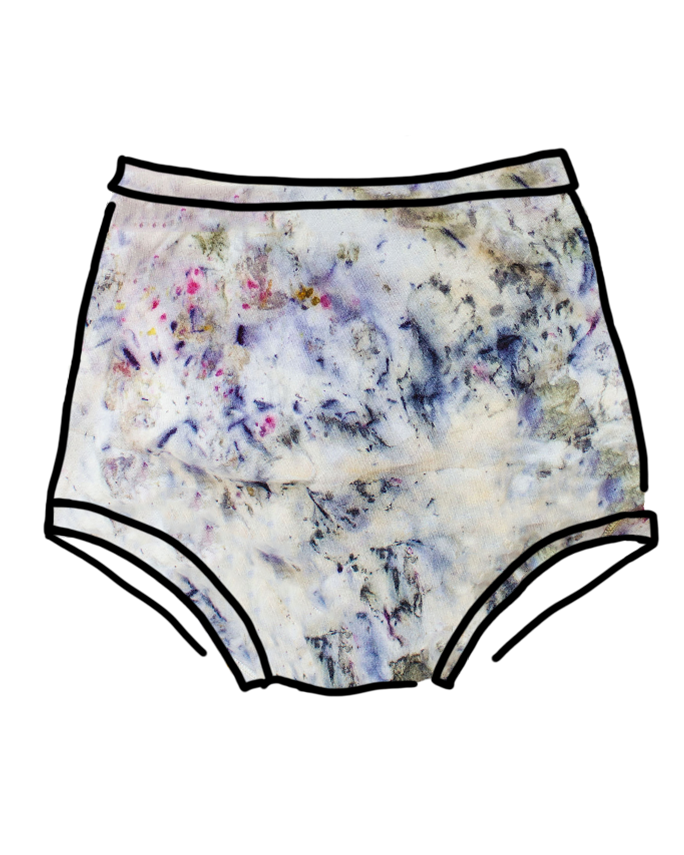 Drawing of Thunderpants Sky Rise style underwear in Cosmic Compost hand dye.